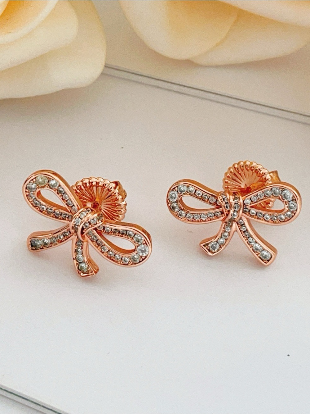 Rose Gold Bow Crystal Stud Earrings - Women Jewelry